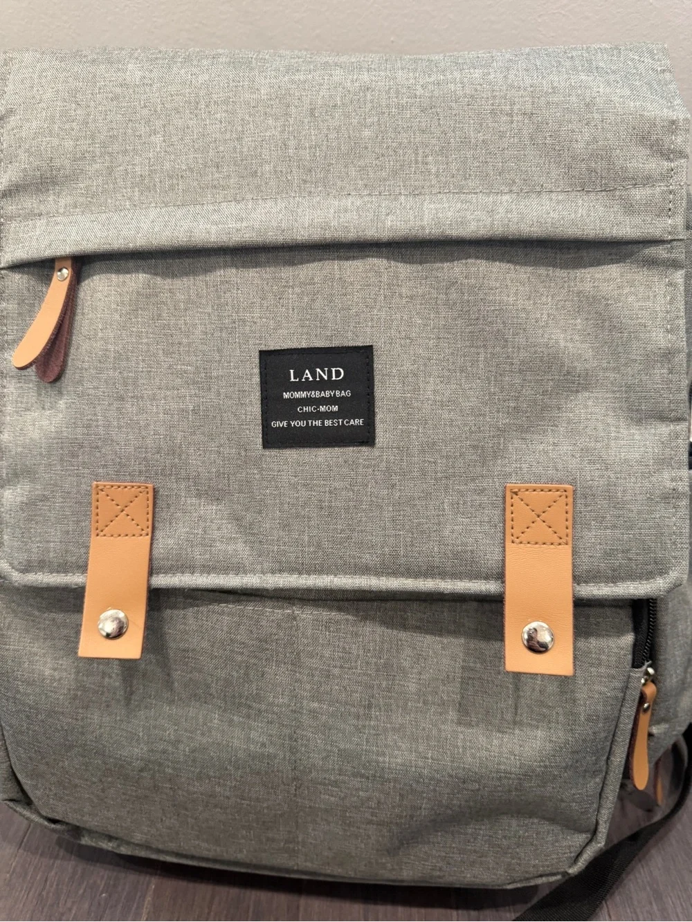 NWOT Land Grey Baby Diaper Bag Backpack with Tan Accents